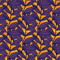 Bright foliage abstract outline silhouettes seamless pattern. Purple botanic branches on orange background. vector