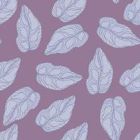 Minimalistic seamless random pattern with blue pastel leaf ornament. Purple background. vector