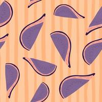 Simple hand drawn purple fig random seamless pattern. Pastel orange striped background. vector