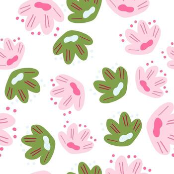 patrón botánico inconsútil aislado con formas ingenuas de flores rosadas y verdes al azar. Fondo blanco. vector