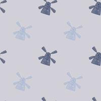 Minimalistic seamless building pattern with windmill ornament. Blue colored artwork. vector