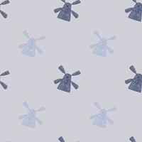 Minimalistic seamless building pattern with windmill ornament. Blue colored artwork. vector