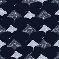 Contrast seamless pattern with doodle blue stingray silhouettes print. Black background. Nature backdrop. vector