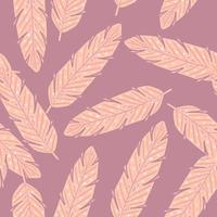 Pink feather hand drawn seamless pattern in abstract style. Purple pastel background. Random ornament. vector