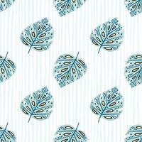 Scrapbook seamless pattern with doodle blue monstera leaf silhouettes. Light striped background. Simple style. vector