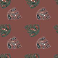 Dark tropical foliage seamless pattern with doodle abstract monstera elements. Pale maroon background. vector