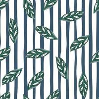 siluetas de hojas verdes al azar patrón sin costuras. fondo de rayas azules y blancas. ornamento floral decorativo. vector