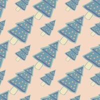 Blue fir tree cookies doodle ornament seamless pattern. Creative new year print with tasty shapes on light pink background. vector