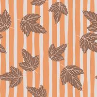 Seamless random autumn pattern with brown leaf silhouettes. Striped coral and grey background. vector