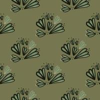 Seamless flower outline shapes pattern. Hand drawn botanic black contoured ornament and background in green pale tones. vector