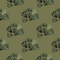 Seamless flower outline shapes pattern. Hand drawn botanic black contoured ornament and background in green pale tones. vector