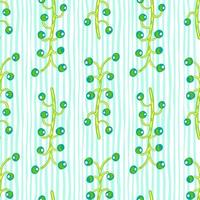 Abstract botanic seamless pattern with blue and green colored berry branches shapes. Striped background. vector