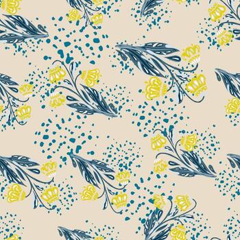 Abstract seamless bloom pattern with yellow flowers bouquet random print. Background with splashes. vector