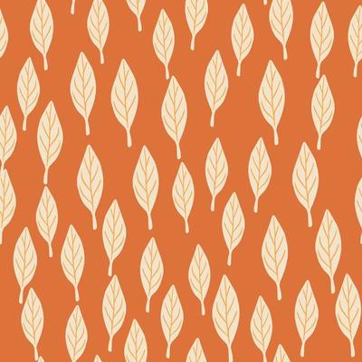 Creative seamless forest pattern with little abstract leaf silhouettes print. Orange bright background.