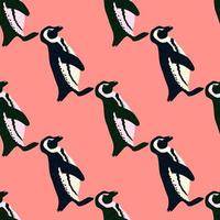 Abstract doodle seamless pattern with hand drawn penguins ornament. Pink background. vector