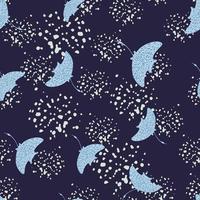 Random blue stingray elements seamless pattern in hand drawn style. Navy blue background with splashes. vector