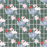 Flower abstract shapes seamless doodle pattern. Grey background with check. Blue,white and pink elements. vector