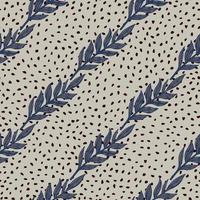 Navy blue colored foliage ornament seamless pattern. Doodle diagonal ornament with grey dotted background. vector