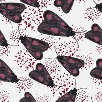 Grey night moth with pink folk ornament seamless pattern. Simple insect random print on white background with splashes. vector