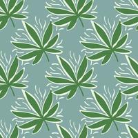 Marijuana green leaves simple seamless pattern. Green herbal silhouettes on blue background. vector