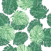 Isolated botany seamless pattern with green random monstera lead shapes. White background. vector