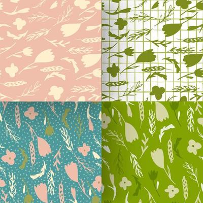 Set of seamless forest pattern with branches and flowers silhouettes.