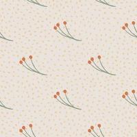 Tender seamless bloom pattern with wild branches with red berries. Pastel pink background with dots. vector