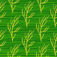 Yellow branches shapes ornament seamless doodle pattern. Bright green striped background. Simple design. vector