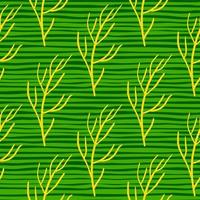 Yellow branches shapes ornament seamless doodle pattern. Bright green striped background. Simple design. vector