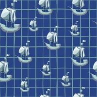 Random travel seamless pattern with doodle sailboat ship shapes. Navy blue chequered background. vector