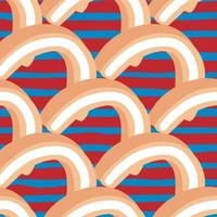 Seamless sweet food pattern with pastel orange jelly candies ornament. Red and blue striped background. vector