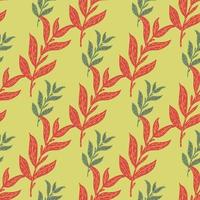 Red and green abstract leaves branches seamless botanical pattern on yellow background. vector