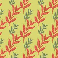 Red and green abstract leaves branches seamless botanical pattern on yellow background. vector