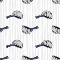 Simple hand drawn mortar and pestle print seamless pattern. Light striped background. vector