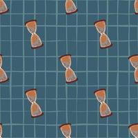 Retro seamless time pattern with hourglass elements. Blue chequered background. vector