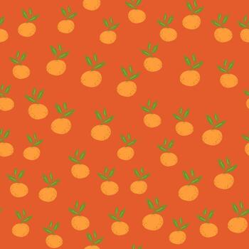 Summer food seamless pattern with little mandarin elements. Orange background. Random print. vector