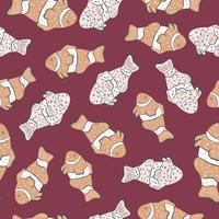 Marine seamless fauna aqua pattern with random clown fish silhouettes print. Maroon background. vector