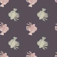 Green and pink colored lionfish elements seamless pattern in doodle style. Pale purple background. vector