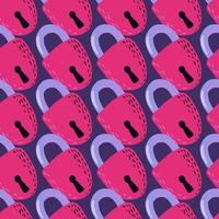 Seamless bright pattern with pink colored lock ornament. Purple background. Vintage door elements backdrop. vector