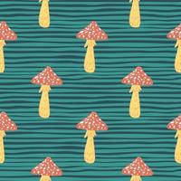 Seamless cartoon forest pattern with red and orange colored mushroom print. Blue striped background. vector