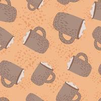 Random seamless cartoon pattern with flat hot chocolate with marshmallow silhouettes. Beige background with splashes. vector