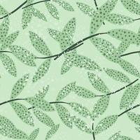 Hand drawn branches with leaves seamless pattern on green background. Decorative vector ornamental spring endless wallpaper.