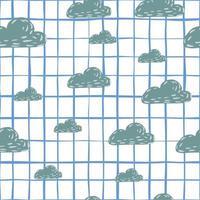 Random seamless doodle pattern with navy blue colored clouds shapes. White chequered background. vector