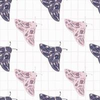 Diagonal moles ornament seamless doodle pattern. Purple and lilac colored insect elements on white chequered background. vector