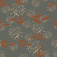 Autumn seamless pattern with random fall orange leaf branches shapes. Grey background with splashes. vector