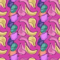 Organic abstract summer seamless pattern with contoured bananas, apples, plums and pears. Lilac background. vector