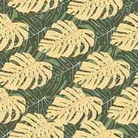 Beige and green colored monstera silhouettes seamless doodle pattern. Botanic backdrop. vector