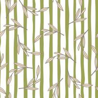 Random lilac outline leaves seamless pattern in nature simple style. White and green striped background. vector