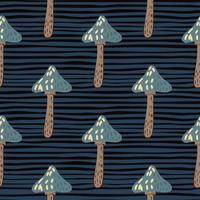 Dark seamless pattern with blue and brown mushroom ornament. Striped background. vector