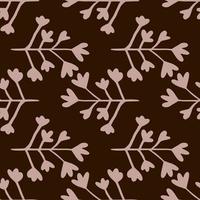 Simple seamless pattern with botanic elements on dark brown background. Light pink flower branches. vector